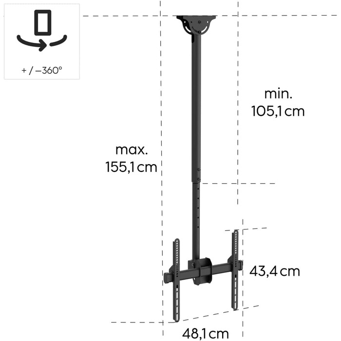 Hama TV Ceiling Mount - Adjustable, Tilting, Swivel, Foldable - Fits TVs 19-65 Inch - Black (Single)