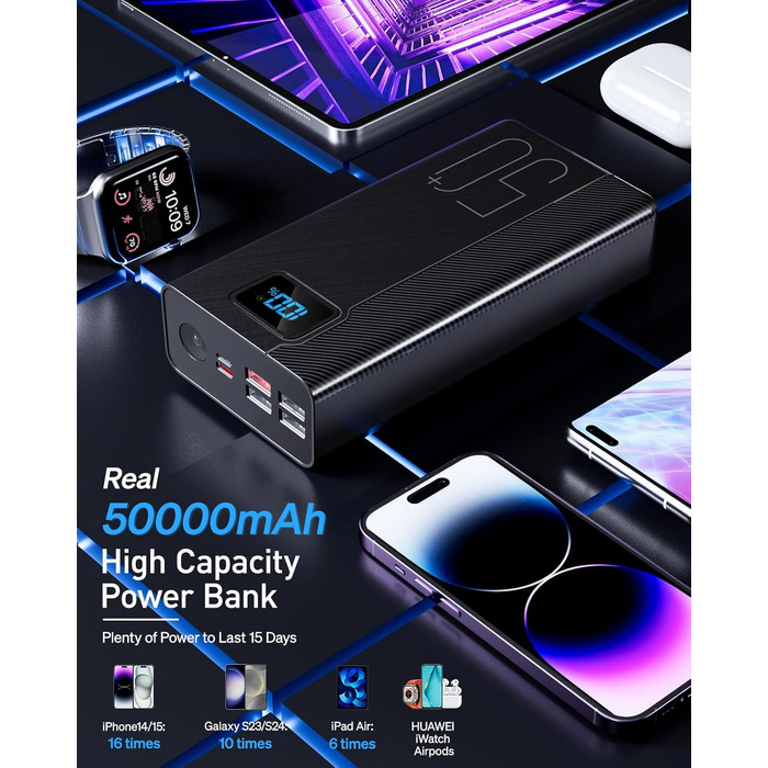 Портативний зарядний пристрій Power Bank 50000mAh з 5 виходами та 3 входами, чорний