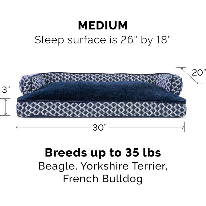 Крісло-ліжко для собак великих порід Furhaven з подушкою, знімними валиками для шиї та знімним чохлом, плюшеве та тканинне оздоблення, зручна кушетка, сірий діамант, /XL, 76 x 51 x 17 см
