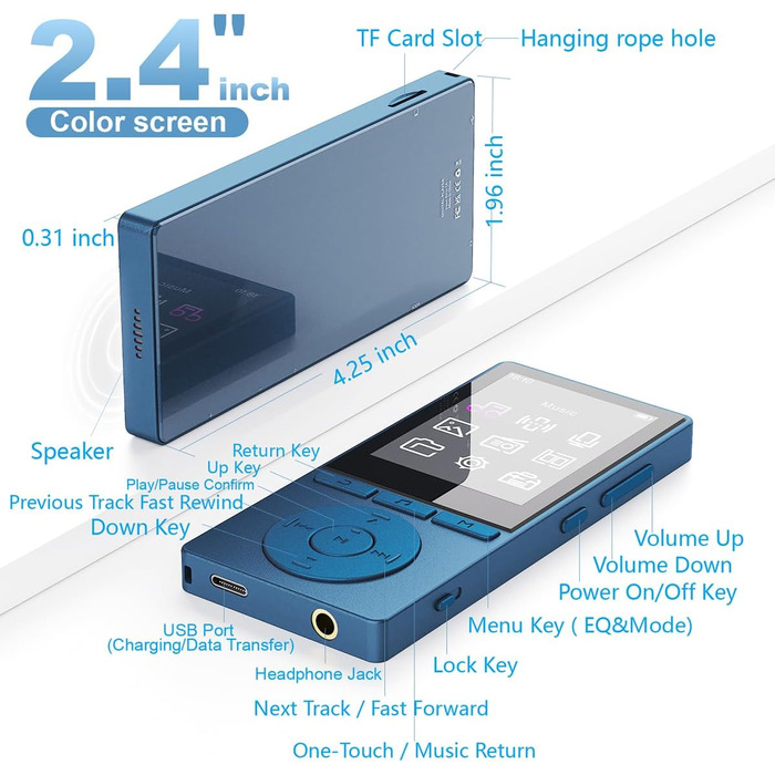 MP3 плеєр 64GB Bluetooth 5.3 з динаміком, HiFi звук, запис голосу, E-book, підтримка TF карти 128GB (Синій)