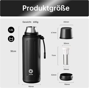 Термос Healter Thermoskanne 1л з чашкою (72 год холод, 24 год гаряче) - термофляга для кави, чаю, термокружка з знімним дном та фільтром, для подорожей, офісу та школи (зелений/чорний)