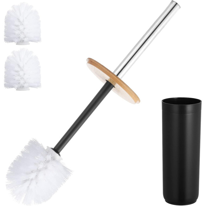 Набір для чищення унітазу: щітка, відро для зберігання, 3 насадки. Бамбук, пластик. Для декоративного інтер'єру ванної кімнати (білий, чорний)