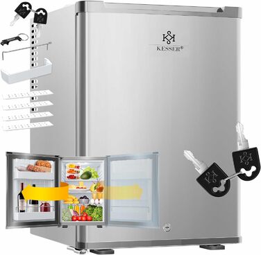 Міні-холодильник KESSER® 40L з замком: для кемпінгу, офісу, спальні, готелю, кухні. Безшумний, з LED-підсвіткою та відкривачем для пляшок. Срібний колір.