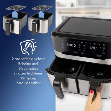 Подвійна аерофритюрниця ProfiCook 9 л XXL, 2400 Вт, 9 програм, сенсорне керування, чорний-нерж, без олії