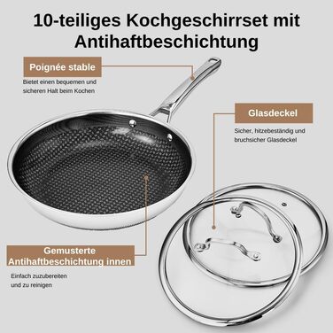 Набір посуду LEADZM Keramik 20 предметів для індукційних плит: каструлі, сковороди з кришками, екологічний (без PFOS/PFOA), чорний + натуральний