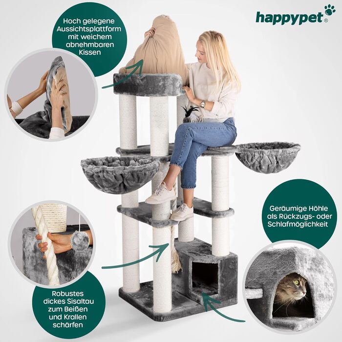 HAPPYPET Дряпка для котів 'Оскар' - 161 см, преміум якість, для великих котів, 47 кг, товсті стовпи (12 см), плюш (600 г), сертифіковане дерево (сірий)