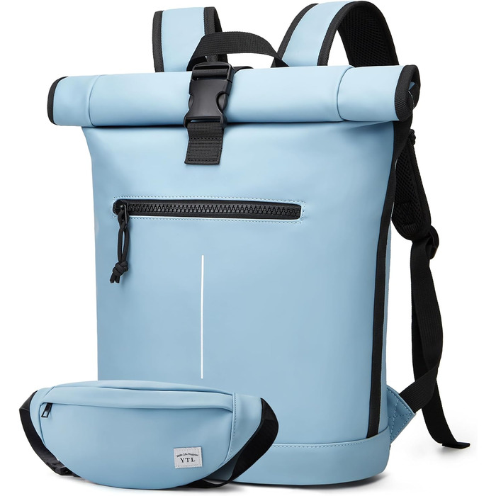 Водонепроникний рюкзак YTL Rolltop з відділенням для ноутбука 17 дюймів, великий рюкзак для жінок та чоловіків, для подорожей, школи, університету, велосипеда (Світло-блакитний)