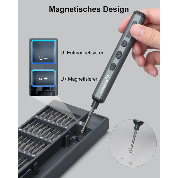Міні-шуруповерт STREBITO 70-в-1: комплект з 64 бітами, 5 режимів крутного моменту, LED-підсвічуванням, сірий