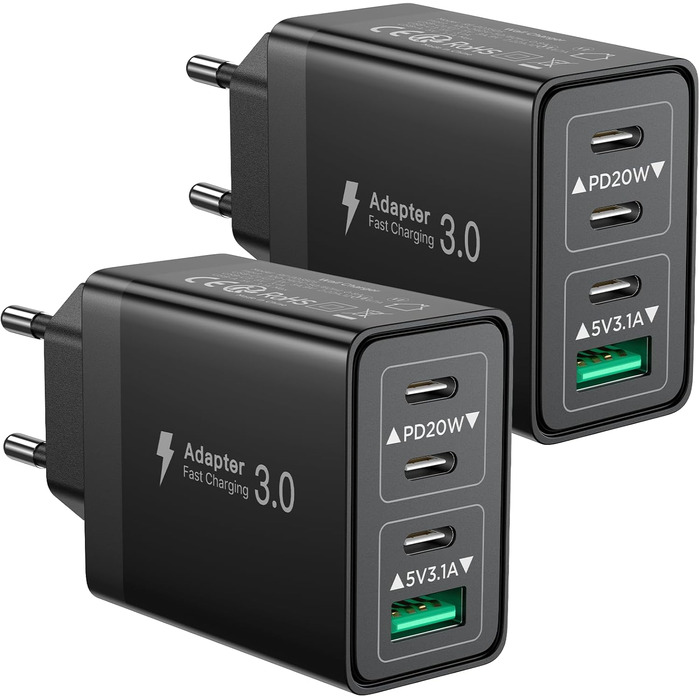 Подвійний зарядний пристрій Aioneus з USB-C та USB-A (40W, PD 3.0) - 2 шт. для iPhone, Samsung та інших телефонів (чорний)