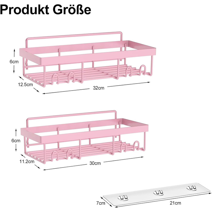 WwuHua Shower Shelf No Drilling, 2 Pack Shower Shelf, Shower Shelf for Hanging with 4 Hooks, Shampoo Holder for Shower, Bathroom Organizer for Shampoo and Shower Gel, Pink