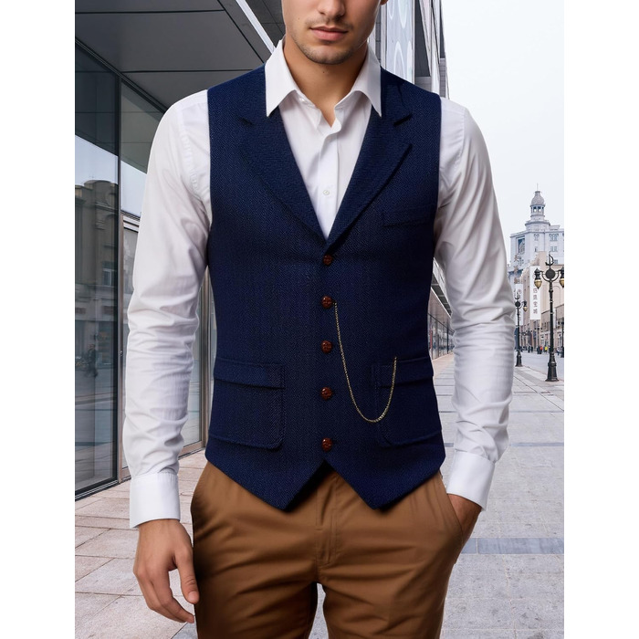 Чоловічий жилет твідовий ретро смокінг Slim Fit AIEEOE з кишенями, темно-синій, XL