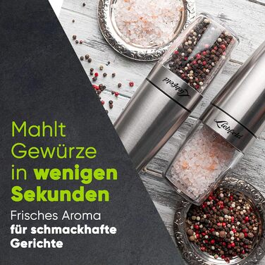 Електричні млини для солі та перцю Liebfeld (2 шт.) з датчиком нахилу - набір з нержавіючої сталі з керамічним жорном