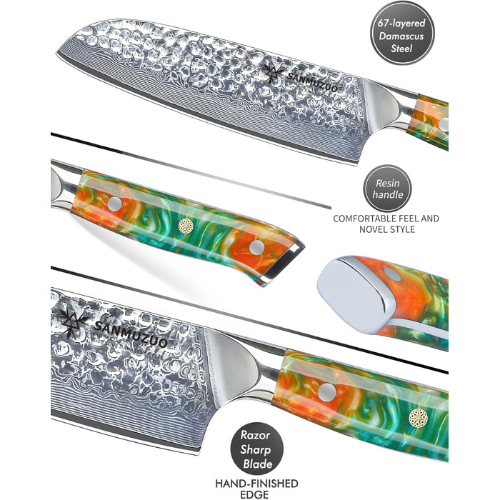 Японський ніж Сантоку 18 см Sanmuzuo Yao серія - ніж для кухні з дамаської сталі та дерев'яної ручки