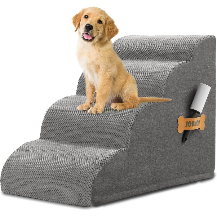Сходинки для собак та котів ROMROL – 4 сходинки, сірий колір, з м'яким Memory Foam, для захисту суглобів, знімний та миючий чохол