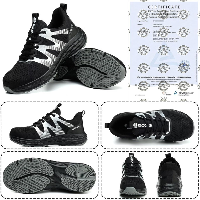 Черевики робочі ISOOUS для чоловіків та жінок. Безпекові черевики з металевим капом, антиковзаючі, дихаючі, спортивного стилю (37 EU, Чорний)