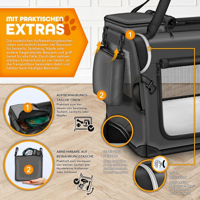 Трейлер для собак TRESKO® S (50x34x34 см) з підкладкою, шпателем та відбивачами | Транспортний бокс для собак та котів | Міцний бокс для собак різних розмірів | Сумка для собак, антрацит