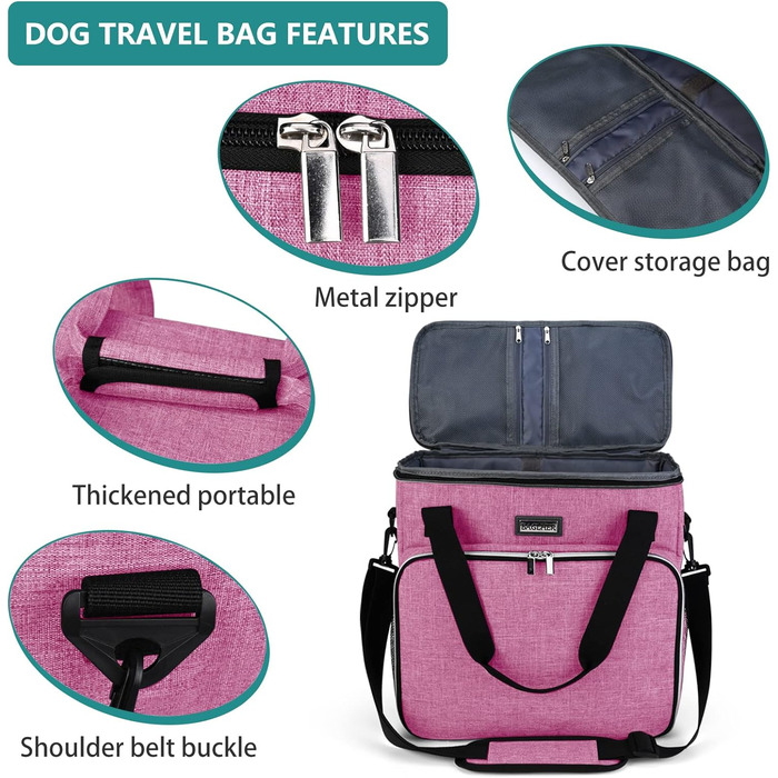 Сумка для собак Baglher, переноска для тварин (усі аксесуари для подорожей з тваринами), з 2 контейнерами для корму та 2 складаними мисками з силікону; незамінний набір для подорожей з домашніми тваринами, блакитний колір (M, Rose)