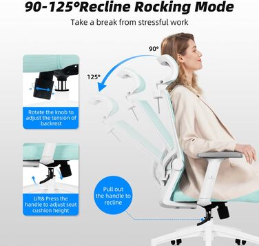 Ергономічне крісло Daccormax для офісу: регульована підголовник, підлокітники, підтримка попереку, поворотний механізм, функція гойдання, сітчасте крісло, турбота про спину, 150 кг (Турквіс)