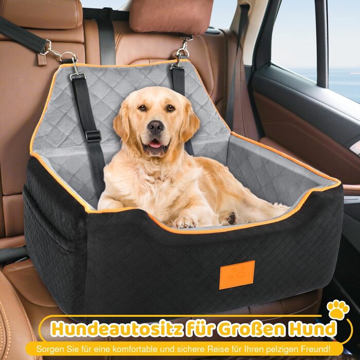 GL GLENSLAVE Dog Car Seat for Medium/Large Dogs - Elevated Pet Seat for Dogs Up to 25kg or 2 Small Dogs - Removable & Washable with Thick Cushions & Storage Pockets (Black/Gray)