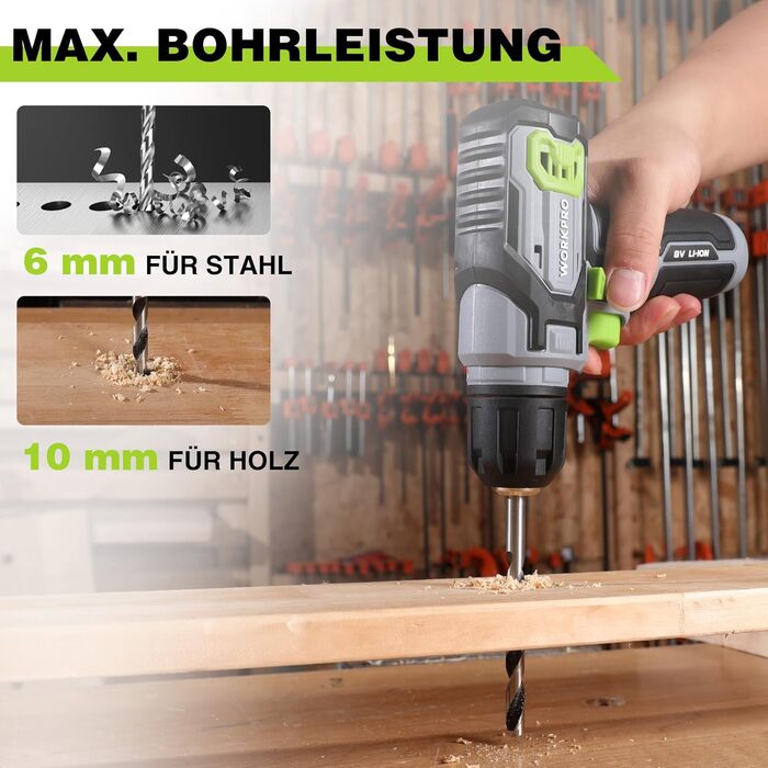 WORKPRO Акумуляторний шуруповерт 8V з набором 53 аксесуари, регульована швидкість, LED-ліхтик, для домашніх ремонтів та DIY