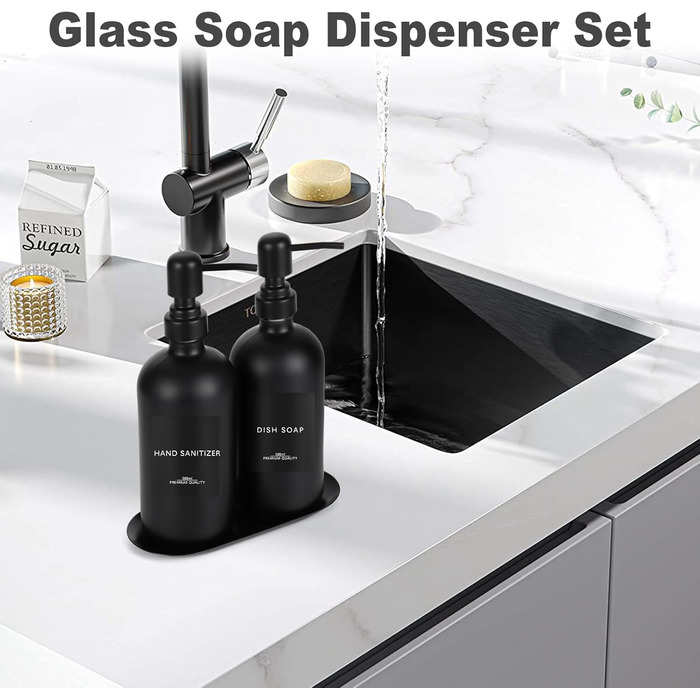Набір дозаторів для мила Lannvan, скло, 500 мл, чорний матовий, для ванної кімнати та кухні, з підносом та етикетками