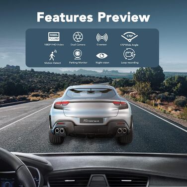 Відеореєстратор в авто з двома камерами, 1080P Full HD, 170° Кут огляду, HDR, LCD 3.0', Нічне бачення, Паркувальний режим, G-сенсор, Чорний
