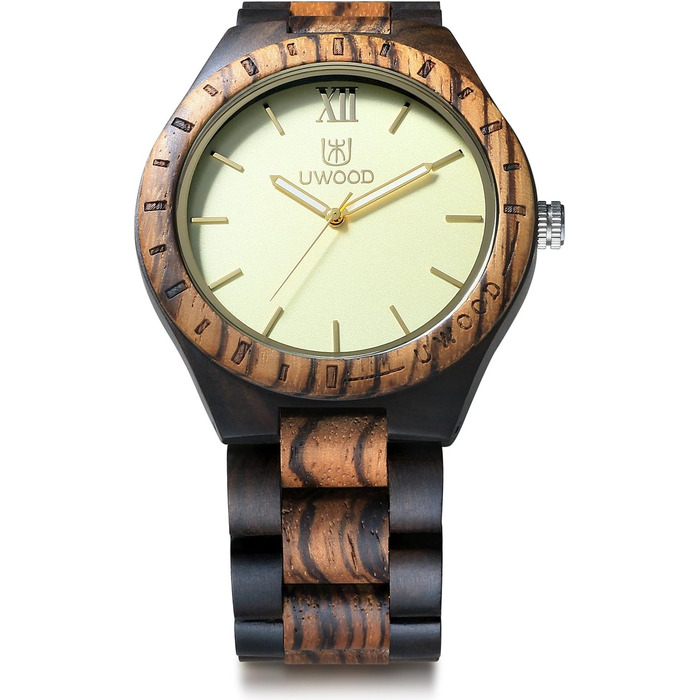 Чоловічий дерев'яний годинник Uwood серії Uw1001zebrablack: ручне виробництво, кварцовий механізм, аналоговий стиль, римські цифри, сандалове дерево, вінтажний дизайн