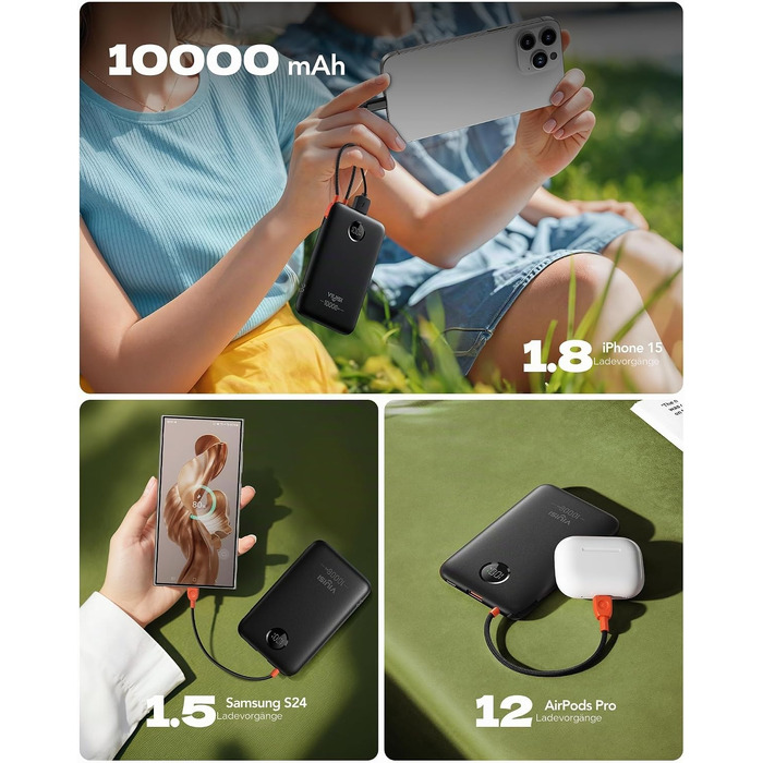 Повербанк VIYISI 10000mAh ультратонкий із вбудованим кабелем USB-C, чорний