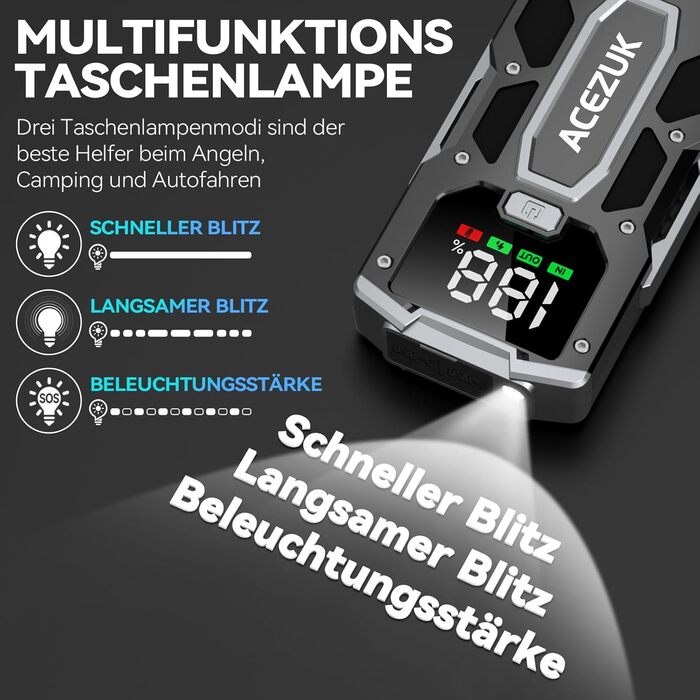 Портативний зарядний пристрій Starthilfe Powerbank 6000A для авто: запуск двигуна, LED-ліхтарик, великий екран, чорний M01