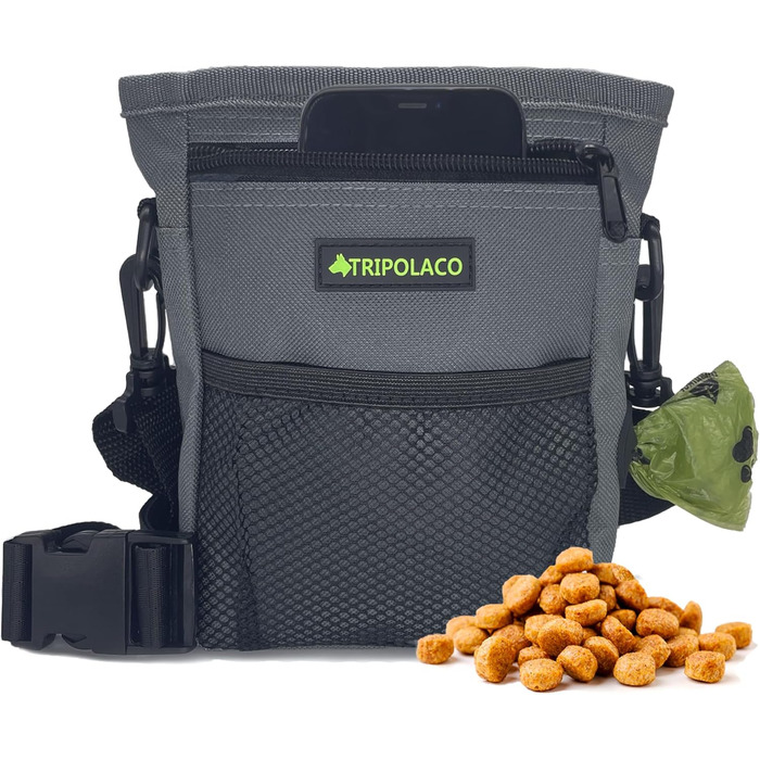 Лекарства для собак – сумка-лейкоріз для собак з кількома кишенями, диспенсер для пакетів для екскрементів і кишеня для телефону, 3 варіанти носіння – ідеальний мішок для корму для собак, тренування та прогулянки, сірий, магнітна застібка