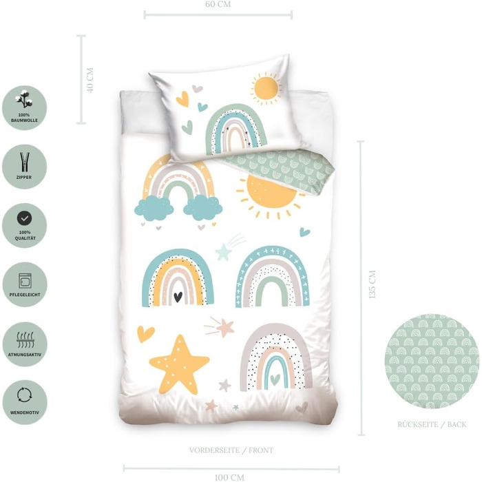 Комплект постільної білизни для дитячого ліжечка 100x135 см з 100% бавовни - для дітей та малюків, веселий стиль райдуга, сонце, бохо, для дівчаток та хлопчиків, включає 40x60 + 100x135 см