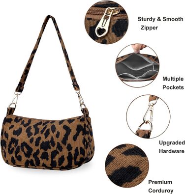 Сумка жіноча FITDON через плече Cord Hobo Bag Y2K леопардова міні, з 3 знімними ремінцями