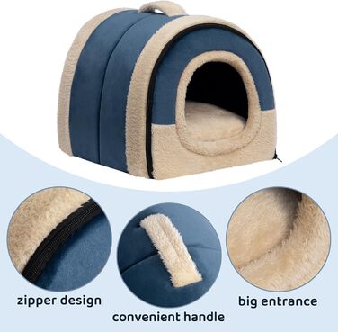 Hollypet Cat Bed, Small Dog Bed, 2-in-1 Foldable Plush Pet Bed for Cats & Small Dogs, Cozy and Soft Pet Cave Bed for Indoor Outdoor, (Dark Blue)