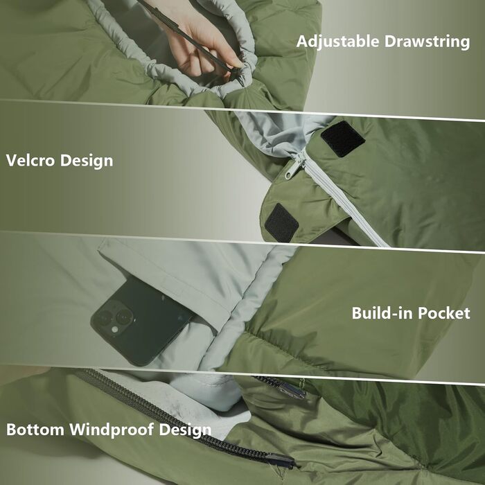 Сплячий мішок BISINNA Mumienschlafsack -10°C - 5°C [400GSM] для чотирьох сезонів, дорослий, водовідштовхувальний, YKK Zip, для відпочинку на природі, кемпінгу, трекінгу та подорожей (зелений)