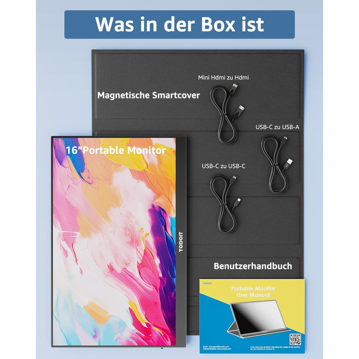 Портативний монітор Yodoit 16' FHD 1920x1200 IPS з USB-C, динаміками та Smart Cover (Чорний)