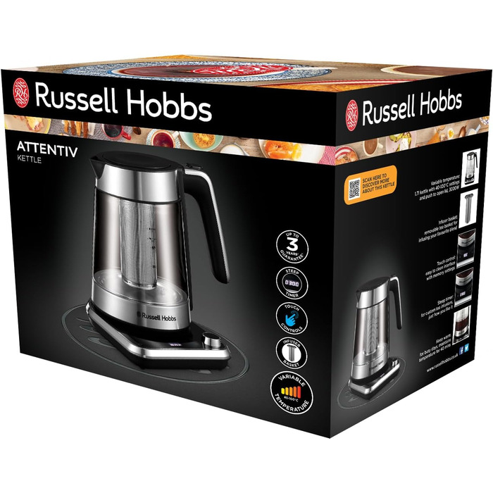 Електричний чайник Russell Hobbs з регулюванням температури та ситом (40-100°C), нержавіюча сталь, 1.7л, 2400W, з функцією підігріву, для дитячого харчування