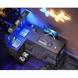 Ігровий стіл Coleshome з LED підсвічуванням, 130x100 см. Стіл з шухлядами та розетками, кутовий стіл з полицею та місцем для зберігання, 130x100 см (чорний, карбон)