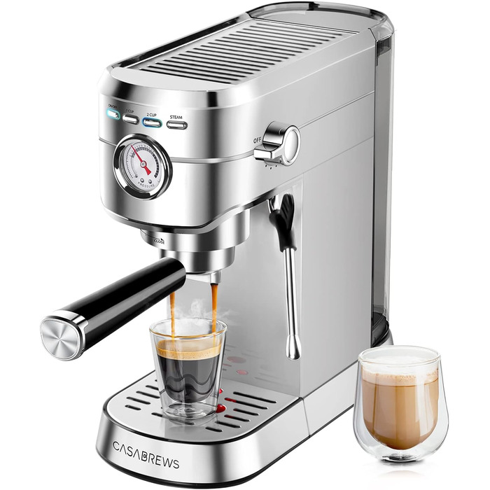 CASABREWS Espresso Machine 20 Bar, Stainless Steel Espresso Machine with Professional Milk Frother, Small Coffee Machine Espresso for Cappuccino, Latte & Macchiato, 1L Water Tank, silver A-silver