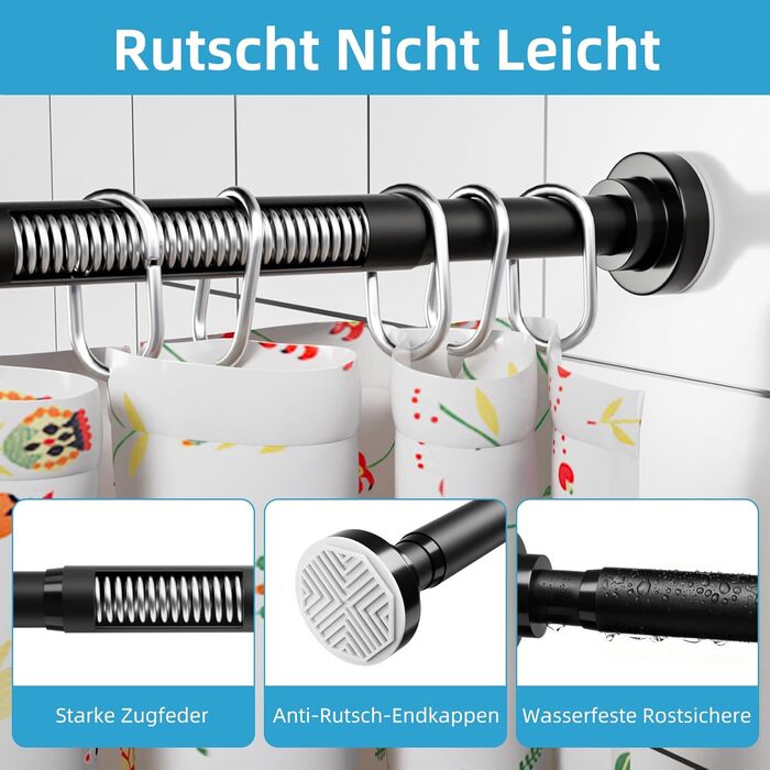 Штанга для душу без свердління з нержавіючої сталі, телескопічна, регульована 70-195 см, чорна