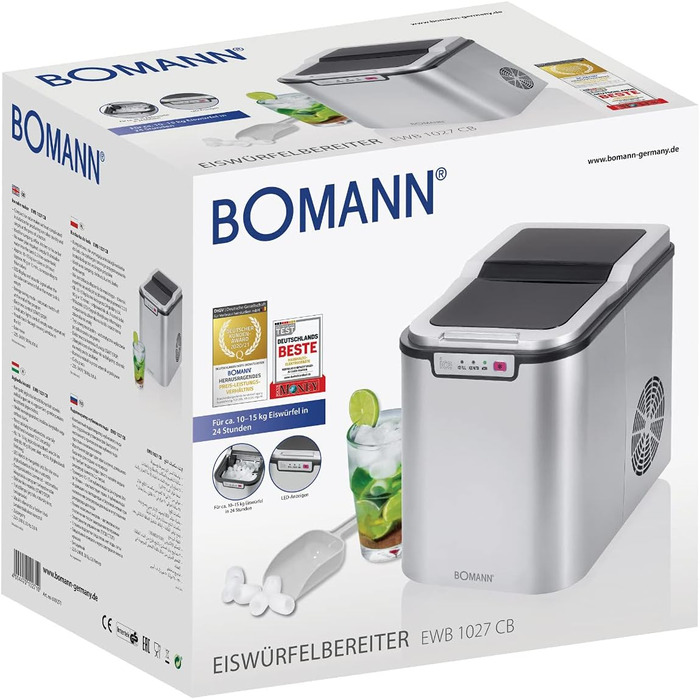 Машина для приготування льоду Bomann® EWB 6068 CB (срібна) - швидке виробництво, до 10 кг на добу, 2 розміри кубиків льоду, 1,1 л резервуар для води, з лопаткою