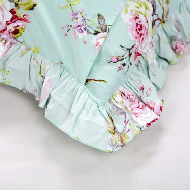 FADFAY Pillow Covers in Farmhouse Style, Roses and Hydrangeas Blue-Green, Striped, Elegant Country Style, 100% Cotton, Vintage Style, Lace, Ruffles, Bedding, Pillowcases, exquisite
