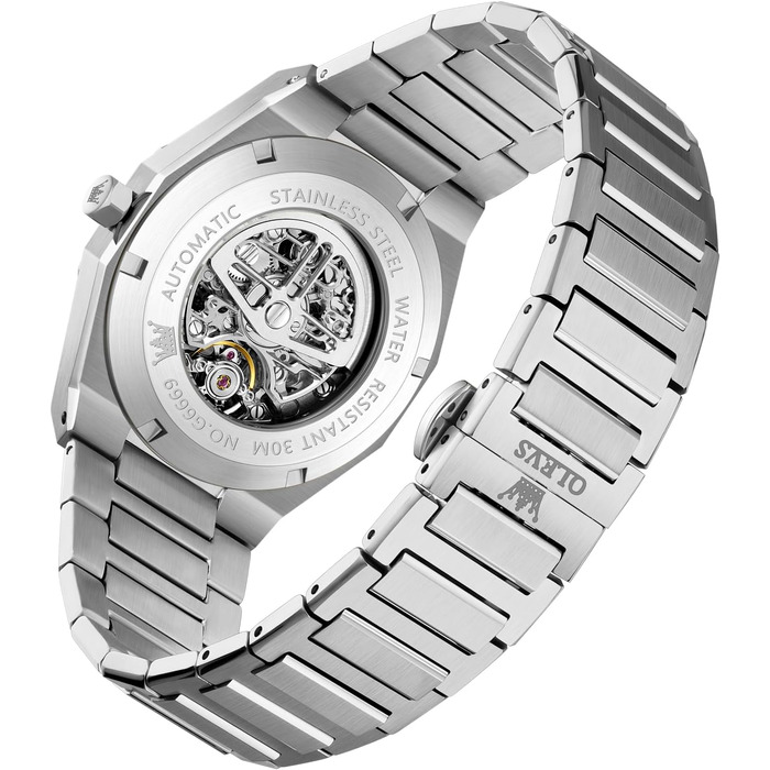 Чоловічий механічний годинник OLEVS Gold Skeleton з автопідзаводом, розкішний сталевий корпус з діамантами, водонепроникний, зі світлою індикацією (6669: Сріблястий)