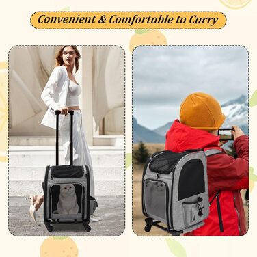 Транспортна переноска для котів та собак на колесах, 360° обертання, з кишенями, вантажний візок-рюкзак, портативна та дихаюча, для маленьких собак та середніх котів до 15 кг