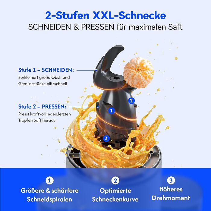 Шнекова соковижималка B Megajuicy 150mm XL для овочів та фруктів, холодний віджим, 300Вт, з функцією реверсу та двома контейнерами (550мл, 450мл), без BPA