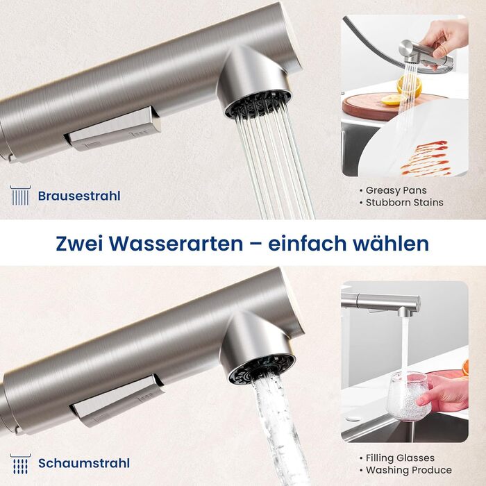 Кухонний змішувач CECIPA висувний з душем, нержавіюча сталь, 2 режими, поворот 360°, високий тиск, L-подібний, для кухні