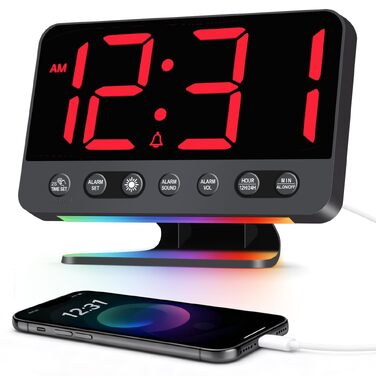 Цифровий будильник LED з RGB-підсвіткою, потужний сигнал 30-110 дБ для міцного сну, USB-порт, функція Snooze, настільний годинник (Червоний)
