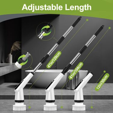 Електрична щітка для прибирання з 7 насадок, водонепроникна IPX7, регульована ручка, для ванної, кухні, підлоги, авто, біла