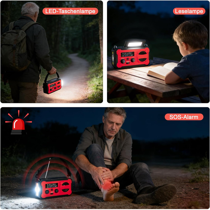 Радіо FIVAVA на сонячних батареях з ручним генератором, Powerbank 10000mAh, AM/FM, SOS-сигнал, LED-ліхтарик для кемпінгу та надзвичайних ситуацій (Червоний)