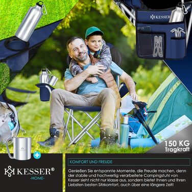 Крісло кемпінгове складне KESSER® до 150 кг, з підлокітниками та підсклянником, висока спинка, сіре (Navyblau / Чорний)