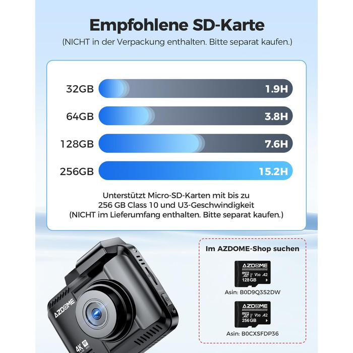 Відеореєстратор AZDOME GS63H 4K з Wi-Fi, GPS, Нічне бачення та Широким кутом 170°, WDR, IPS 2.4', Паркувальний режим, Детектор руху, Циклічна запис